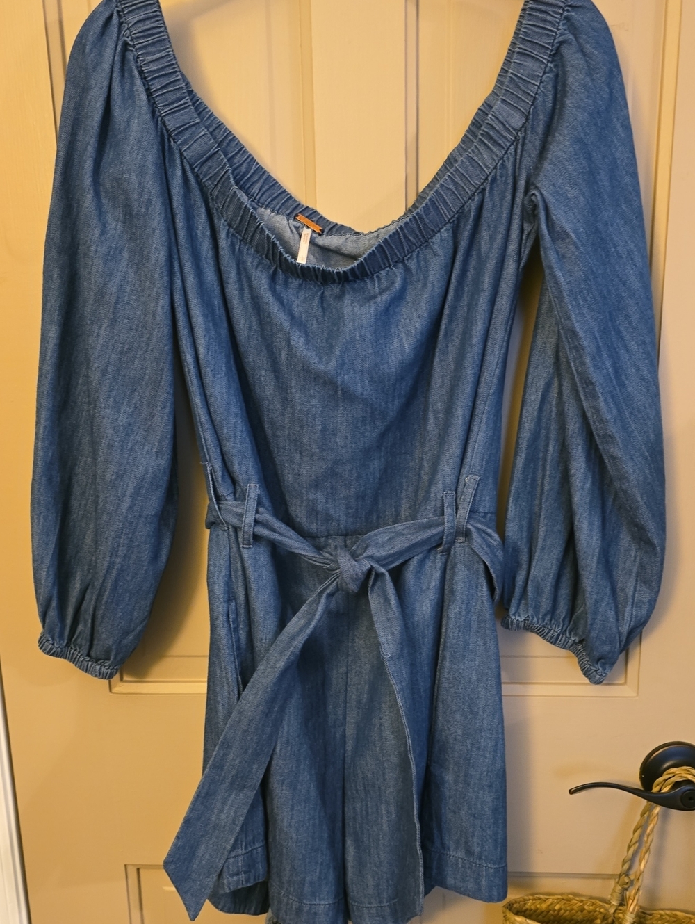 Blue Denim-Look Puff Sleeve Free People Romper with Tie Waist
